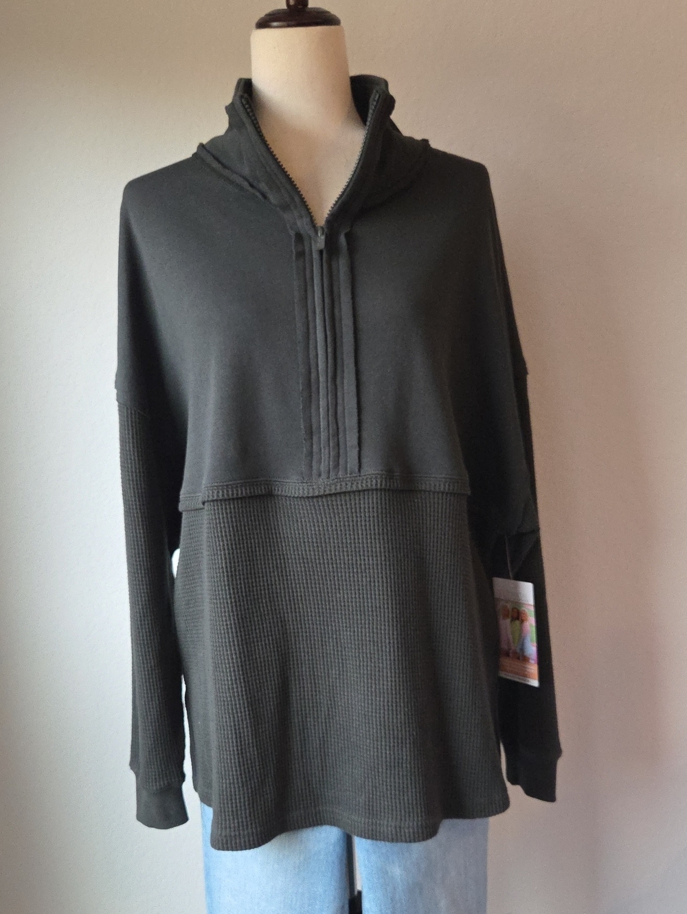Cozy Gray Cowl Zip Neck Waffle Pullover Sweater Oversize Comfort Lounge Baggy